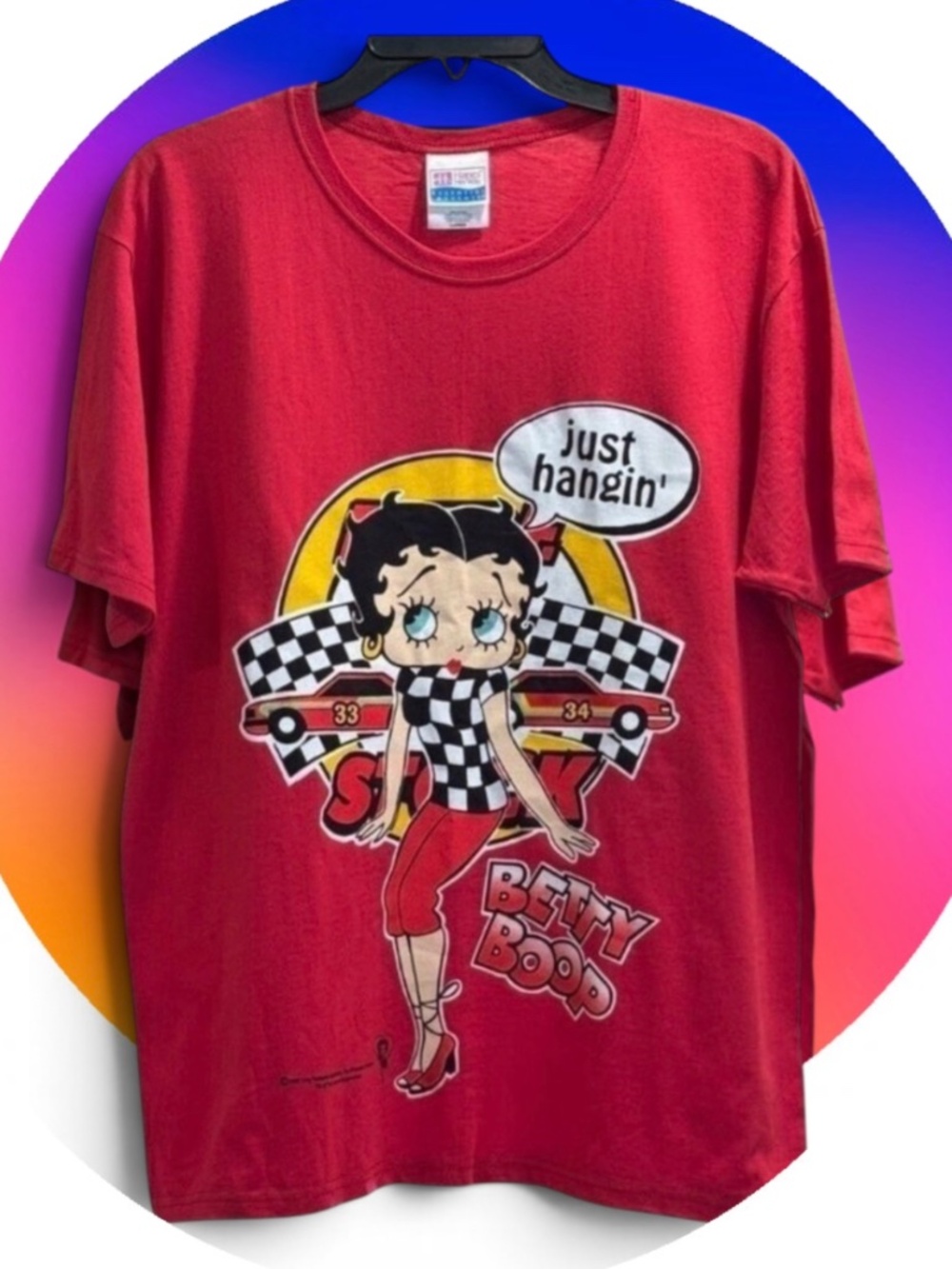 Betty Boop Just Hanging Racing Flag Women's T Shirt Size Large